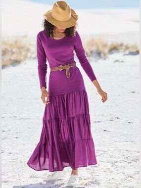 Peruvian Connection (M) Esmerelda Azalea Purple Pima Cotton Tiered Maxi Skirt